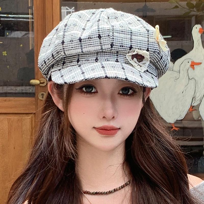Корейская версия Осенняя Любовь Кружево Бант Клетка Берет Женский Сладкий Литературный Универсальный Высококлассный Шляпа Художника