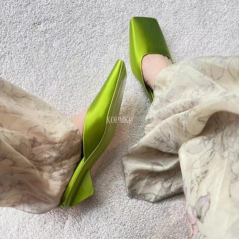 Designer Satin Mule Shoes Triangle Heel Early Spring New Style Half Slippers Women's Square Toe Sandals Slippers for Women