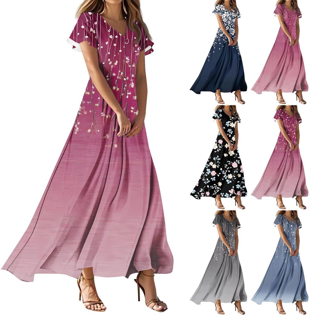 Женские повседневные модные длинные платья с принтом, платья с V-образным вырезом и коротким рукавом