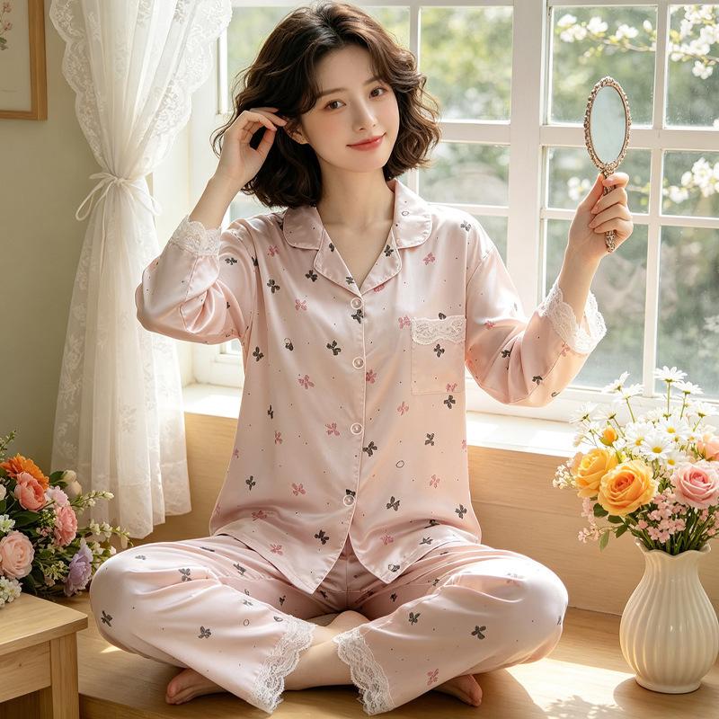 Sweet bear ice silk satin loungewear pajamas women's autumn long-sleeved trousers two-piece set can be worn outside