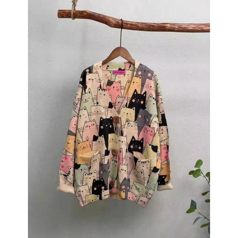 Новые осенние свитера больших размеров, кардиганы, большие размеры, женские узоры, цветочные мультяшные принты, свитера, вязаные свободные свитера