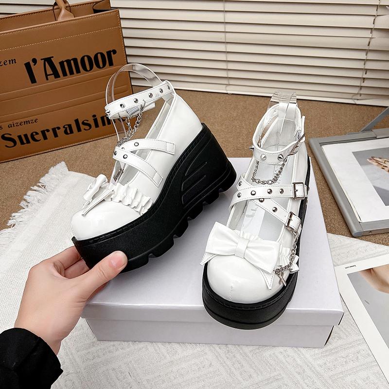 Мода Оригинальный Панк Стиль Мэри Джейн Круглый Носок Толстая Подошва Обувь на Платформе Женская Y2K Клепки Клиновидный Каблук Женщины Девушки Кожаные Туфли