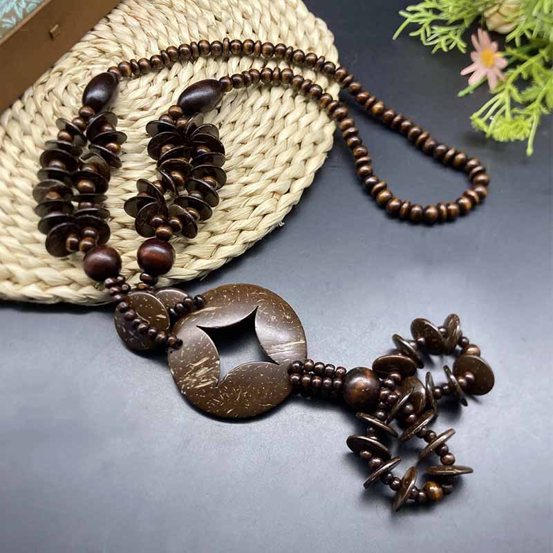 Коричневые украшения винтажный этнический стиль деревянный хлопок и лен стиль круглый бисер цепочка длинное ожерелье