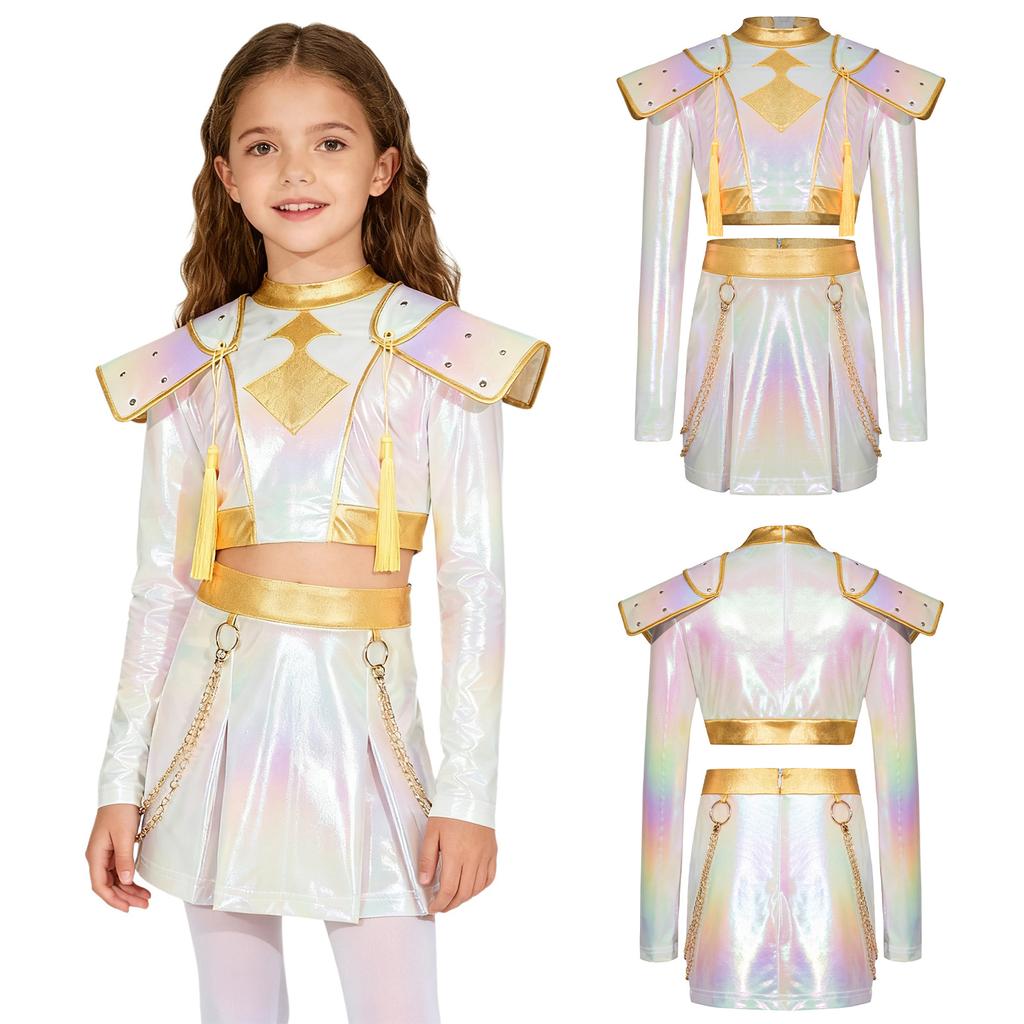 Детский Костюм Охотницы Косплей Хэллоуин Певица Демон Переливающийся Блестящий Кроп-Топ Отделка Пайетками Верхняя Одежда Поясная Цепочка Шорты
