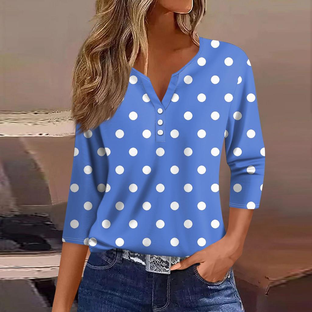 Жен. Футболка Футболка С принтом Пуговицы Рукав 3/4 Повседневные Выходные Мода Классический Классический V-образный вырез Обычный Верх