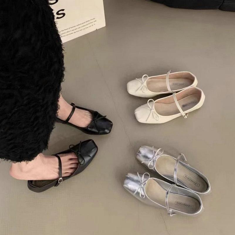 Модная женская обувь на плоской подошве Весна Осень 2024 Обувь Мэри Джейн Новые туфли-лоферы с квадратным носком и черным бантом Женская обувь Женская обувь Большой размер 43 44