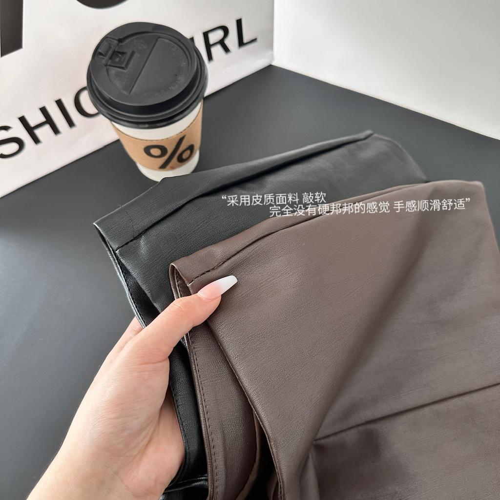 Pu Leather Bag Hip Shorts Women's Autumn And Winter Slim High Waist Slim Sexy Hot Girl Black Outer Boots Pants Straight Leather Pants