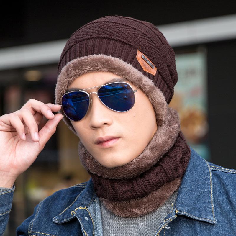 Men's Fleece Knitted Scarf Hat 2-piece Set Trendy Women's Warm Wool Hat Winter Student Cycling Cold