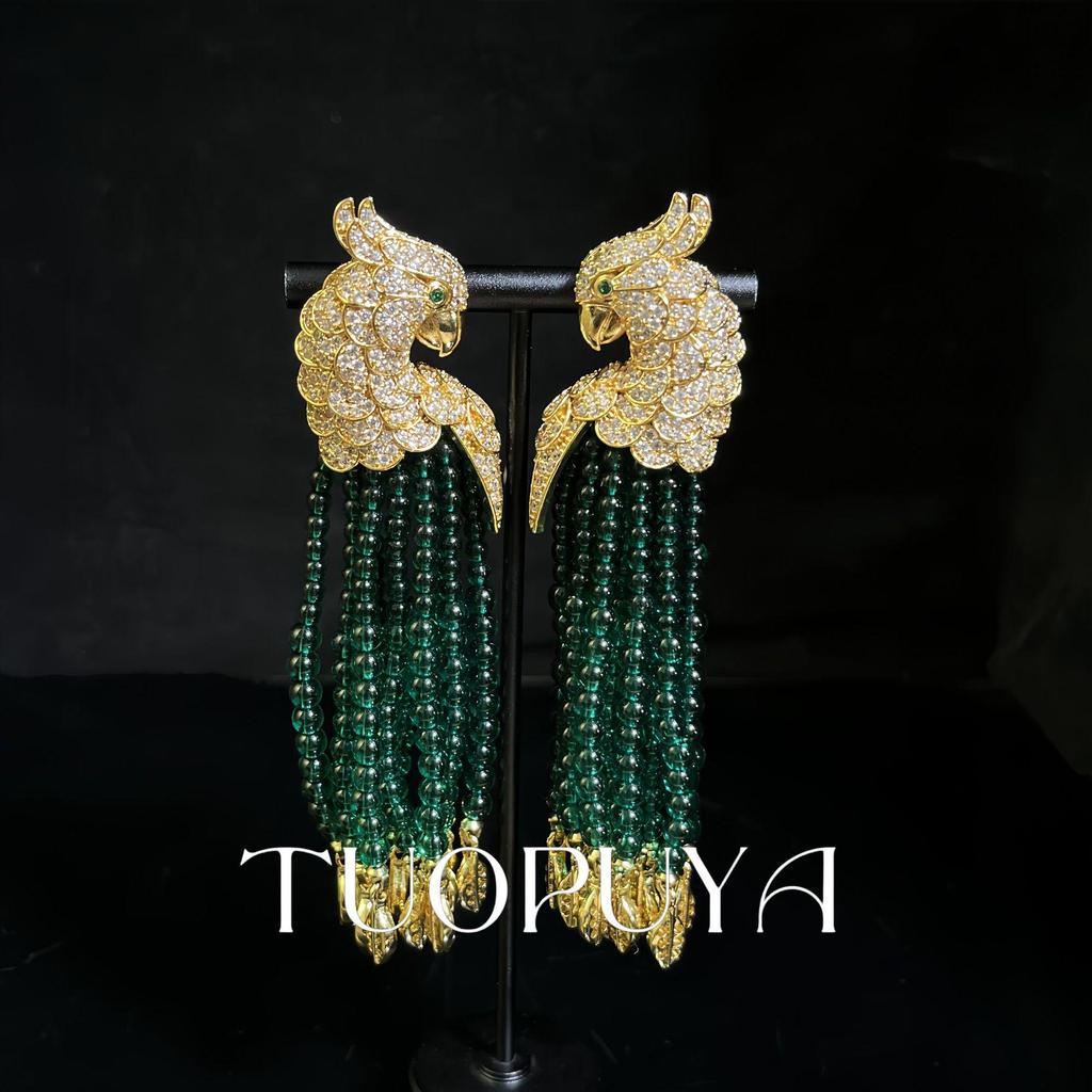Vintage Zircon Parrot Earrings with Red Tassels and Detailed Craftsmanship