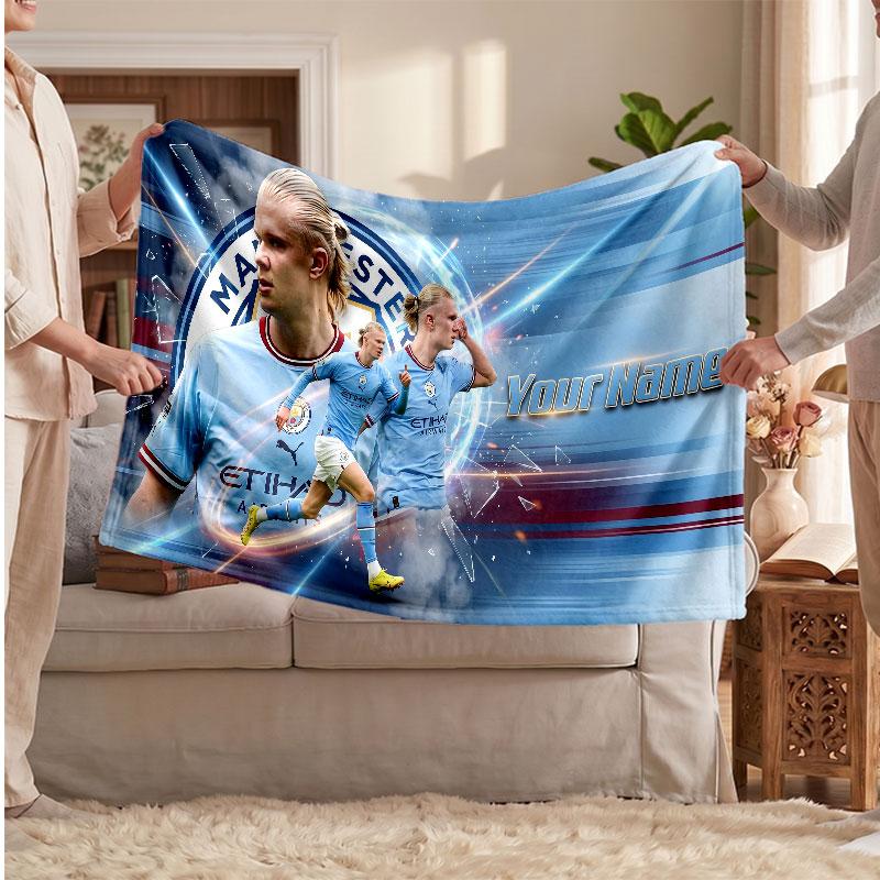 Erling Haaland Personalized Fleece Blanket With Football Logo, Custom Name Text Soft Warm Home Throw Blanket