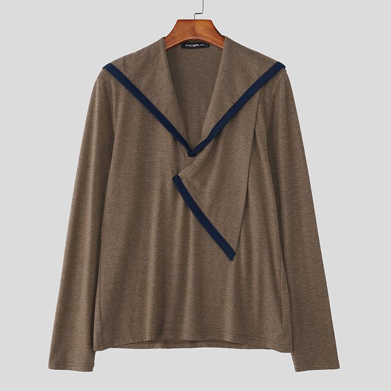 INCERUN Мужские футболки с нерегулярным вырезом, длинным рукавом, со вставками, повседневные, осенние, майки