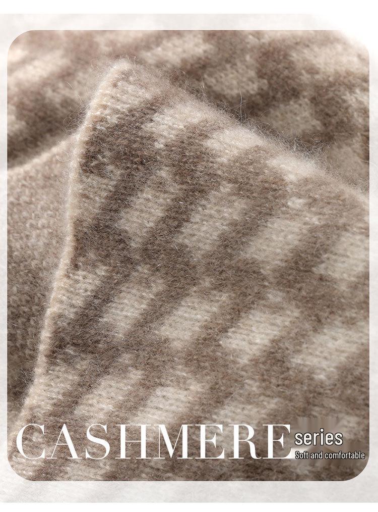 Women's 100% Pure Cashmere Perforated Plaid Scarf - Warm Knit Neck Gaiter for Autumn/Winter Cold Protection