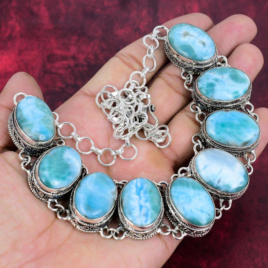 Larimar Gemstone Jewelry, Handmade 925 Solid Sterling Silver Jewelry, Unique Bracelet & Necklace Jewelry Set For Thanksgiving