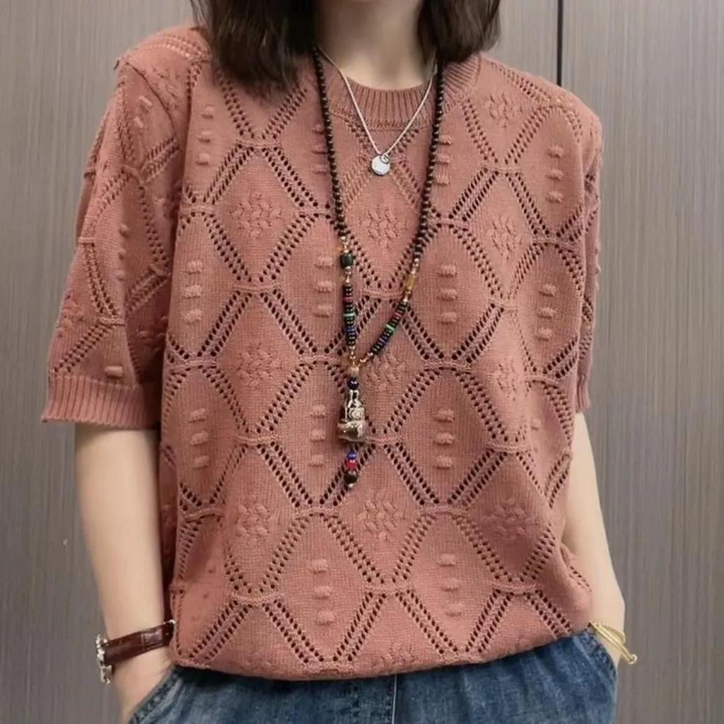 Women's Spring Thin Casual Short-sleeved Knitted Sweater Jacquard Hollow Summer Round Neck Top