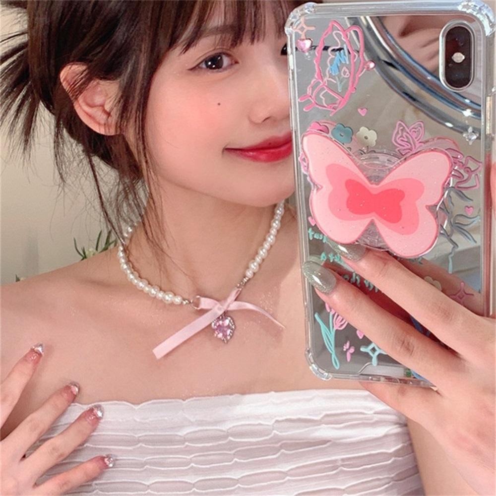 French Romantic Pink Love Bow Pendant Necklace with Pearl Necklace Designed by Female Minority Sweety Clavicle Choker Trendy