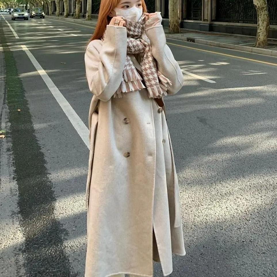 Осень/зима новое женское унисекс средней длины двубортная ветровка шерстяное пальто пальто