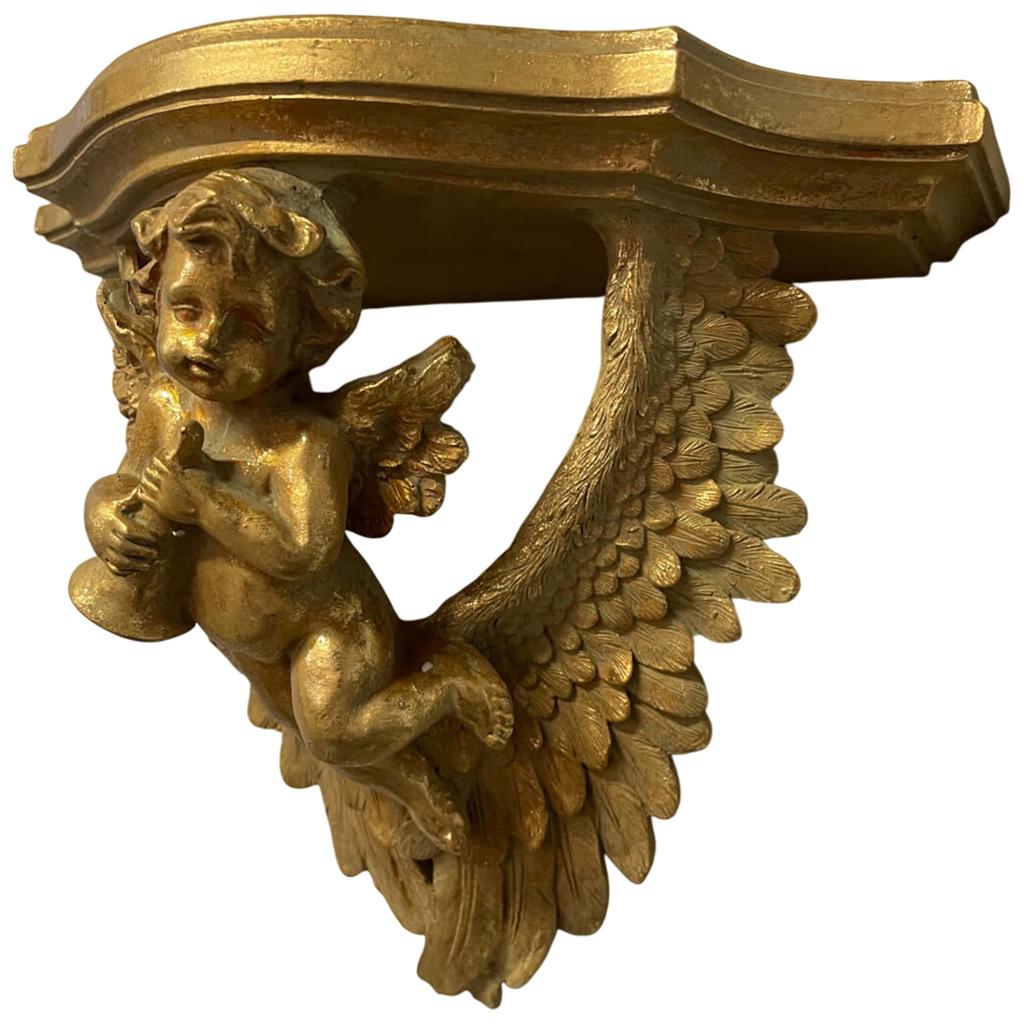 Elegant Gold Wall Shelf with an Angel Figurine - Baroque Style Decoration