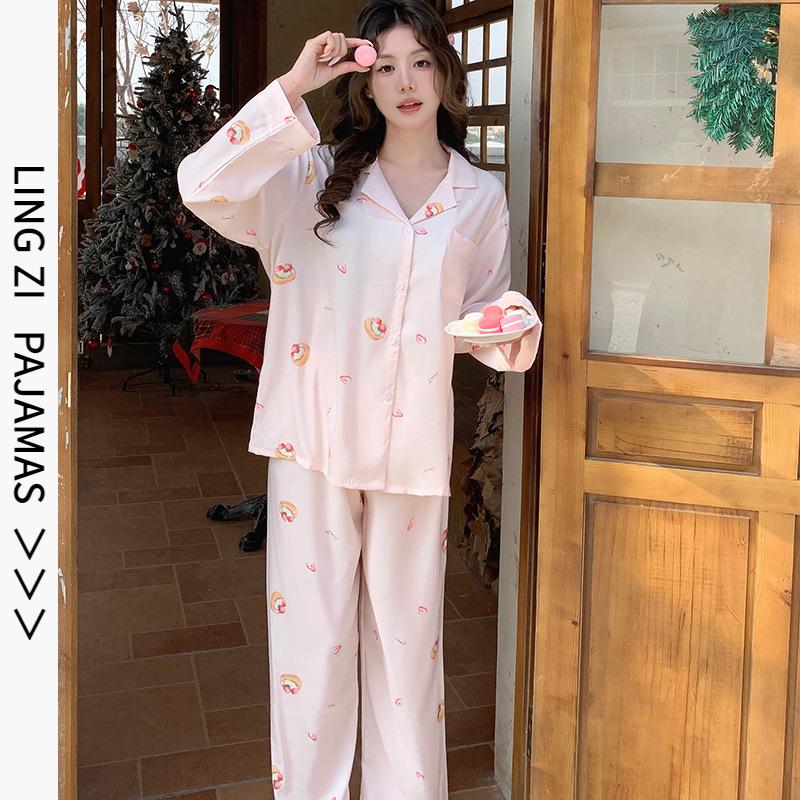1011 new Korean light luxury ice silk pajamas women's long-sleeved trousers printed personalized loungewear can be worn outside