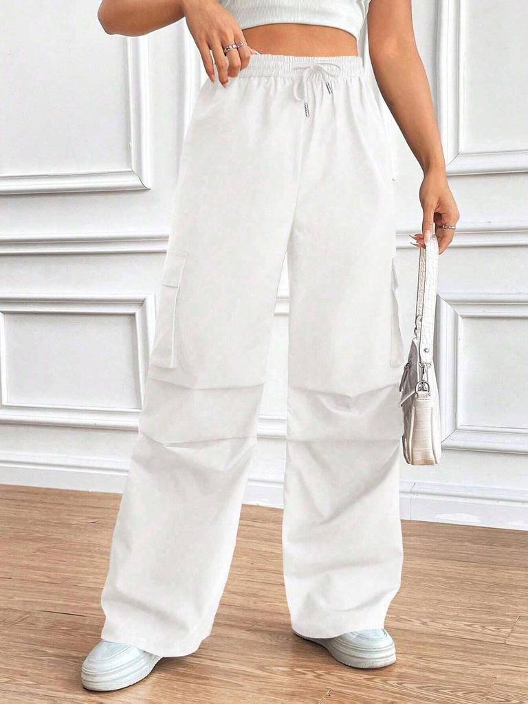 2025 Spring/Fall Elastic Waist Drawstring High-Waist Cargo Pants for Women—Loose Fit, Flap Pockets, Commuter Style.