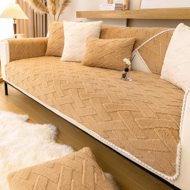 Утолщенный плюшевый чехол для дивана, сплошной цвет, нескользящая подушка, комбинированный диван-полотенце для мебели для гостиной, современный домашний декор
