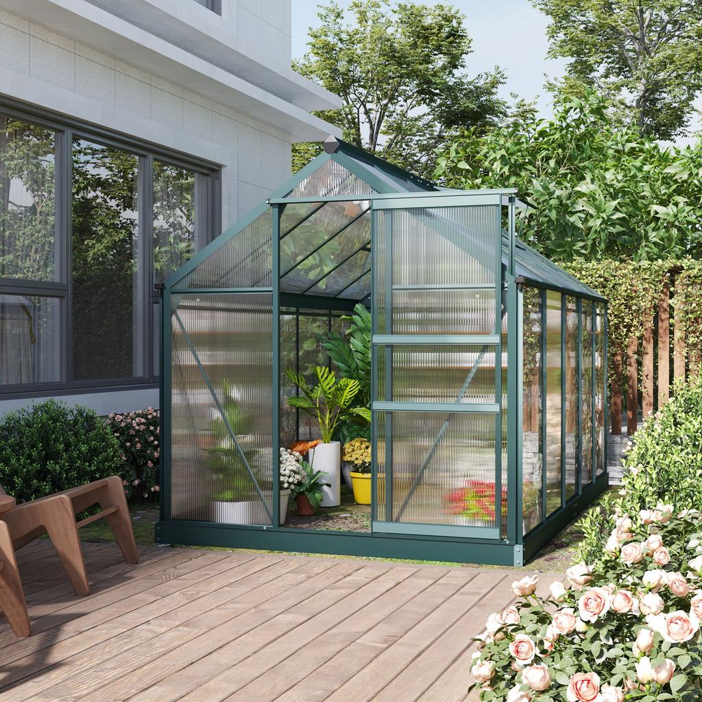 6 x 10ft Polycarbonate Greenhouse, Large Walk in Green House with Slide Door and Window, Garden Plants Grow House with Aluminium Frame and Foundation