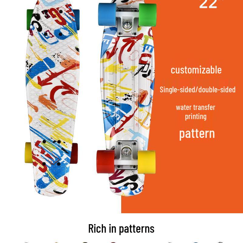 22" Скейтборд для начинающих взрослых с пластиковой декой, одинарным киком и дизайном с водным переносом для уличного круизинга.