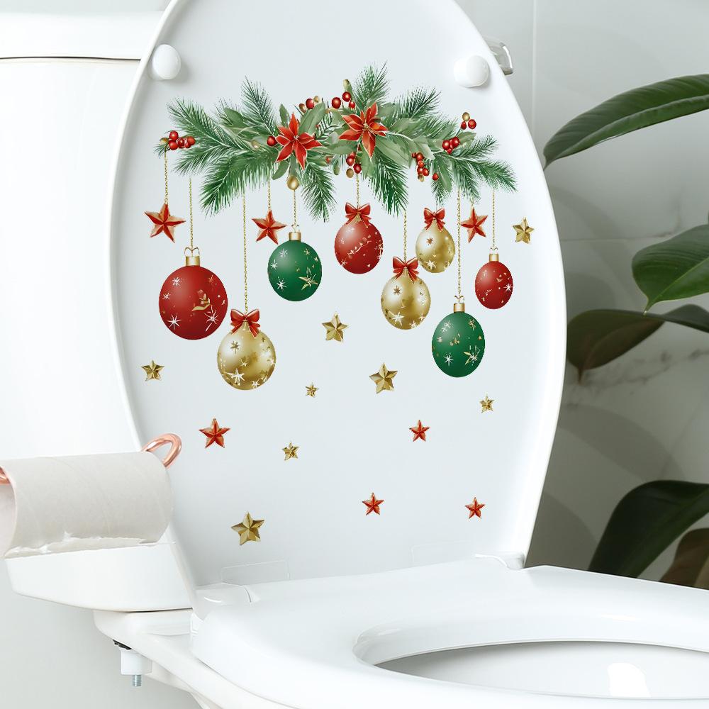 1pc/2pcs Christmas Leaf Colorful Ball Toilet Stickers Toilet Lid Decals Cistern Self-Adhesive Stickers Home Christmas Decoration