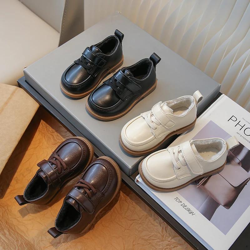Children's Leather Shoes 2024 Spring and Autumn New British Style Boys School Shoes Soft Hook & Loop Girls Casual Loafers Simple