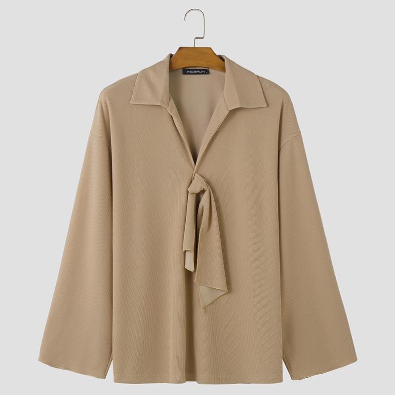 INCERUN Men Spring Long Sleeve Bow Tie Knitted Tops Lapel Loose Pullovers