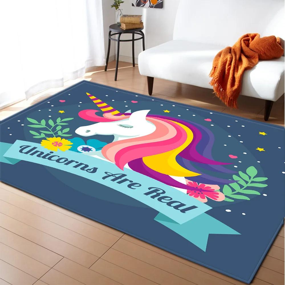Kids Cartoon Unicorn Carpet Fantasy Animal Crawling Mat Doormat Living Room Area Rug Rainbow Shiny Girls Bedroom Soft Floor Mats