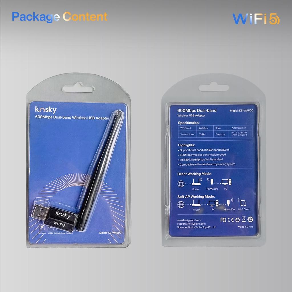 Kosky 600Mbps Wireless USB Wifi Adapter Daul-band USB2.0 Boost Your Internet Speed with 600Mbps Wireless USB Wifi Adapter
