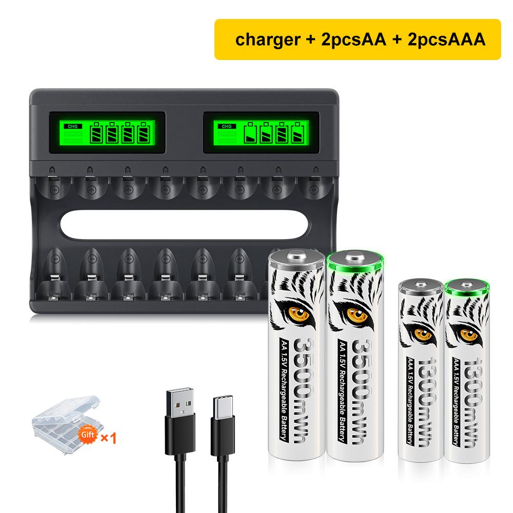 PALO Литий-ионная аккумуляторная батарея AA 3500 МВтч, 1,5 В + литий-ионные аккумуляторы AAA 1300 МВтч, элемент AA AAA 1,5 В с зарядным устройством 1,5 В AAA AA