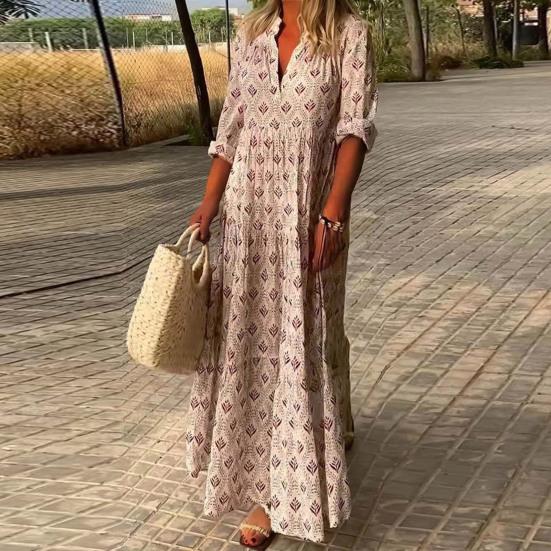 Maxi Dress Charming Stand Collar Soft Long Dress Casual Loose Boho Print Maxi Dress Maxi Dress Streetwear