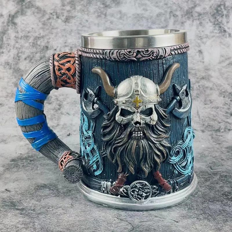 Medieval Viking Pirate Beer Mug Skull Mug Creative Large Capacity Mug Embossed Stainless Steel Coffee Mug Whiskey Cup Bar Party Halloween Gift