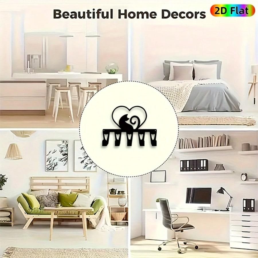 Современный Металлический Настенный Держатель для Ключей в Форме Сердца Кошки 5 Крючков Минималистичный Декор для Прихожей