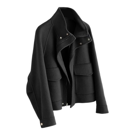 Осенне-зимнее шерстяное пальто с боковыми карманами, застежкой-молнией и отложным воротником, однотонное