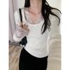 White Lace Patchwork Knit Long-Sleeve Top for Women - Elegant Slim Fit for Spring and Autumn