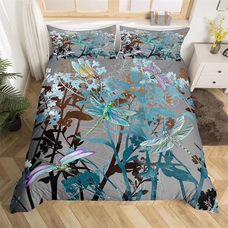 Dragonfly Duvet Cover King Butterfly Flower Leaves Bedding Set Microfiber Nature Animals Plants Quilt Cover For Teens Girls Room