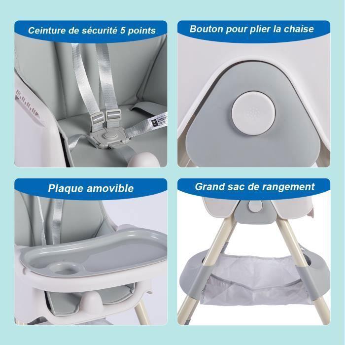 K IKIDO Chaise Haute Pour Bébé, Chaise Pliable, Chaise Haute Pour Enfants réglable,De 6 Mois À 3 ans(15KG)-Gris