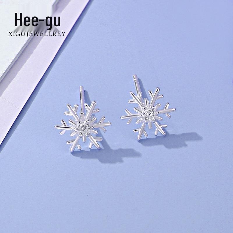 Серьги-гвоздики из серебра S925 с цирконами в виде снежинок - Корейский стиль, Рождественский подарок для девочек