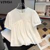 Women Summer O-neck Short Sleeve Lace Hem Casual Ruffled Blouse