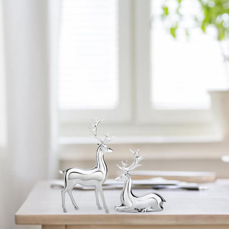 Silver Deer 2PCS Electroplated Silver Deer Figurine Handicraft Piece Resin Sculpture Christmas Center Table Decorations For