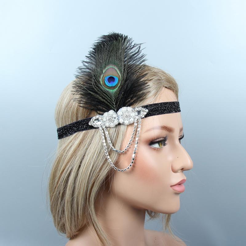 Women Cocktail Feather Headband 1920s Vintage Gatsby Party Headpiece Rhinestone Beaded Lady Black