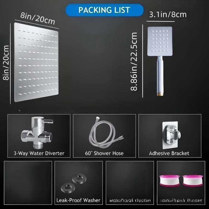 High Pressure Square 8 Inch Rain Shower Head Shower Accessorie Bathroom Top Shower Head Set Black Handheld Shower Spray