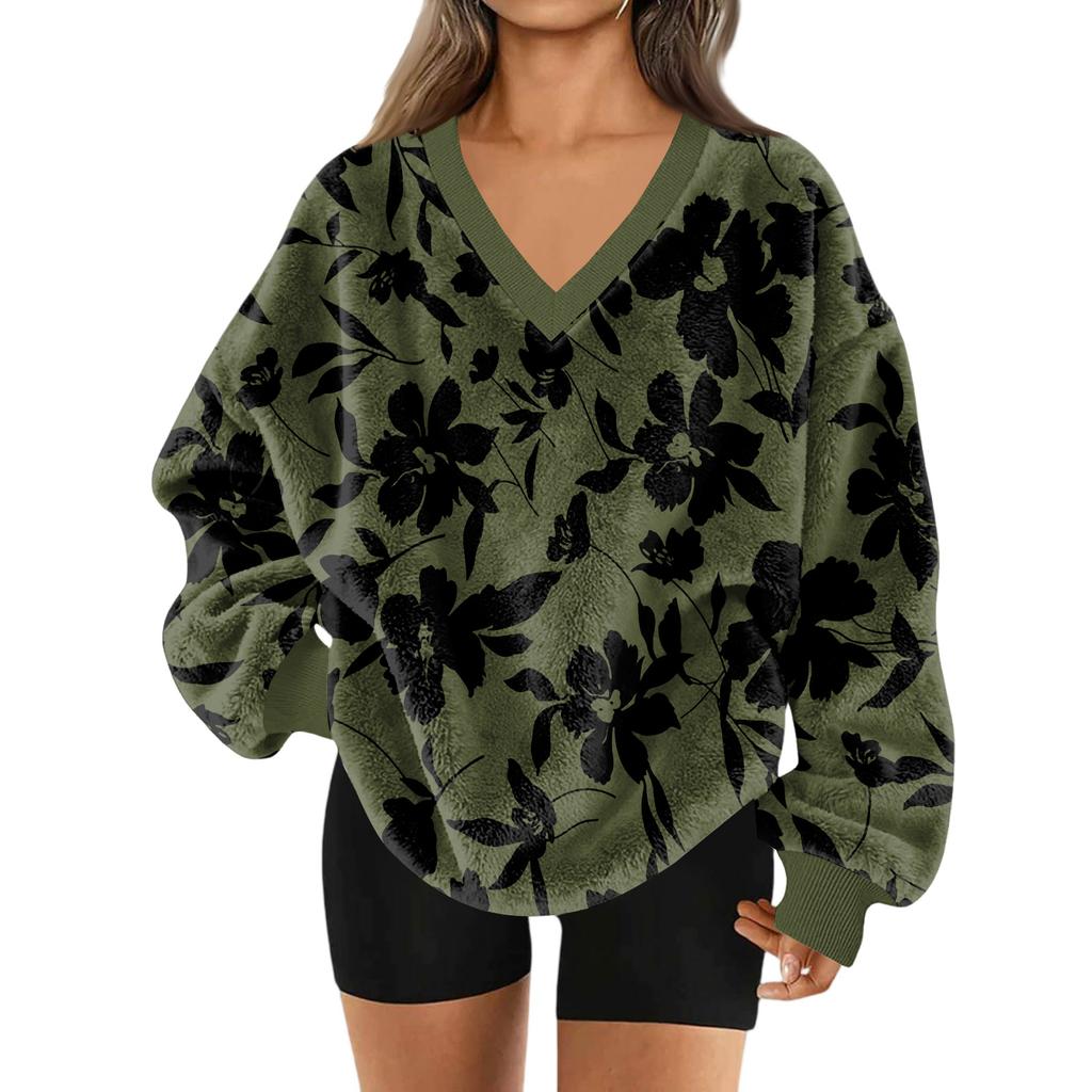 Women's V-Neck Sweatshirt Plush Solid Color Casual Fashion Long Sleeve With Pocketed Pullover Top