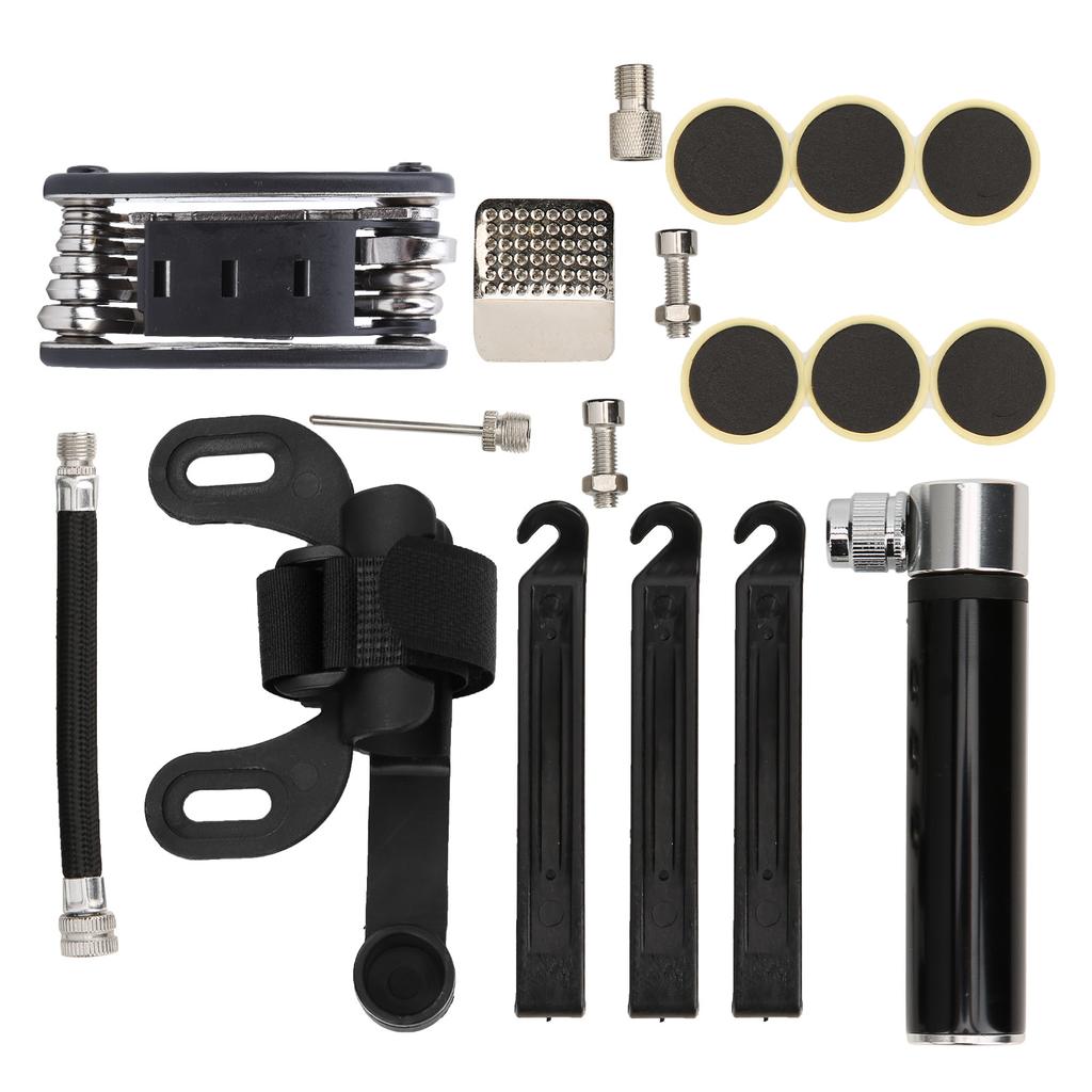 Portable Bicycle Pump 120PSI 16‑in‑1 Multifunction Tire Inflator Repair Patch Kit Bike PartsBlack