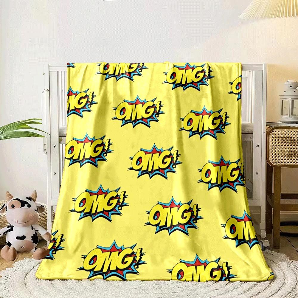 Comic-style "OMG!" text with colorful explosion effects on yellow background. for all seasons blanket lunch break throw gift
