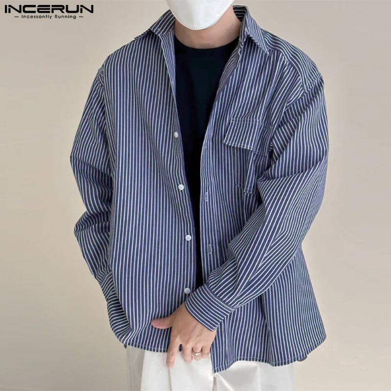 INCERUN Spring Summer Men Lapel Long Sleeve Striped Print Shirts Oversized Tops