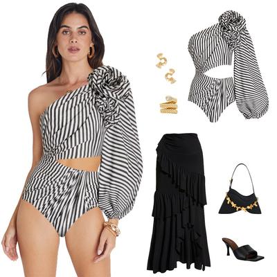 Новый сексуальный цельный купальник для женщин, плиссированный, с оборками, полосатый купальник, сетчатая длинная юбка