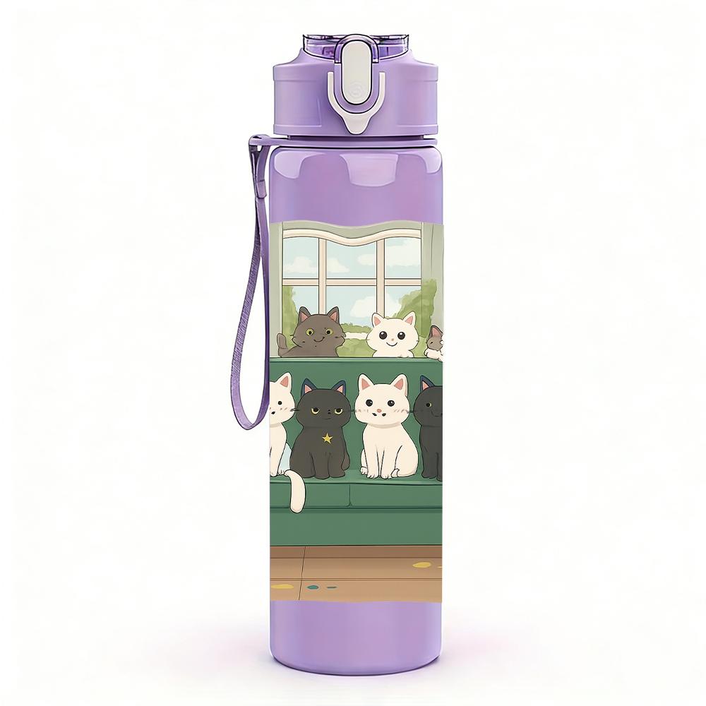 1PC Indoor Cat Family Scene 750ml Color Plastic Sports Water Bottle Leakproof Flip Straw Lid Suitable for Sports Office Home Use